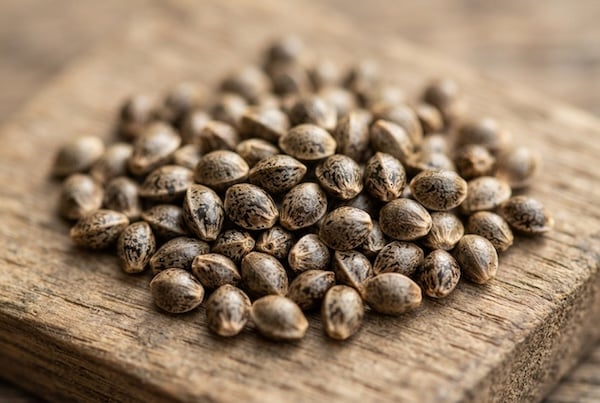 A small pile of cannabis seeds on a wooden surface.